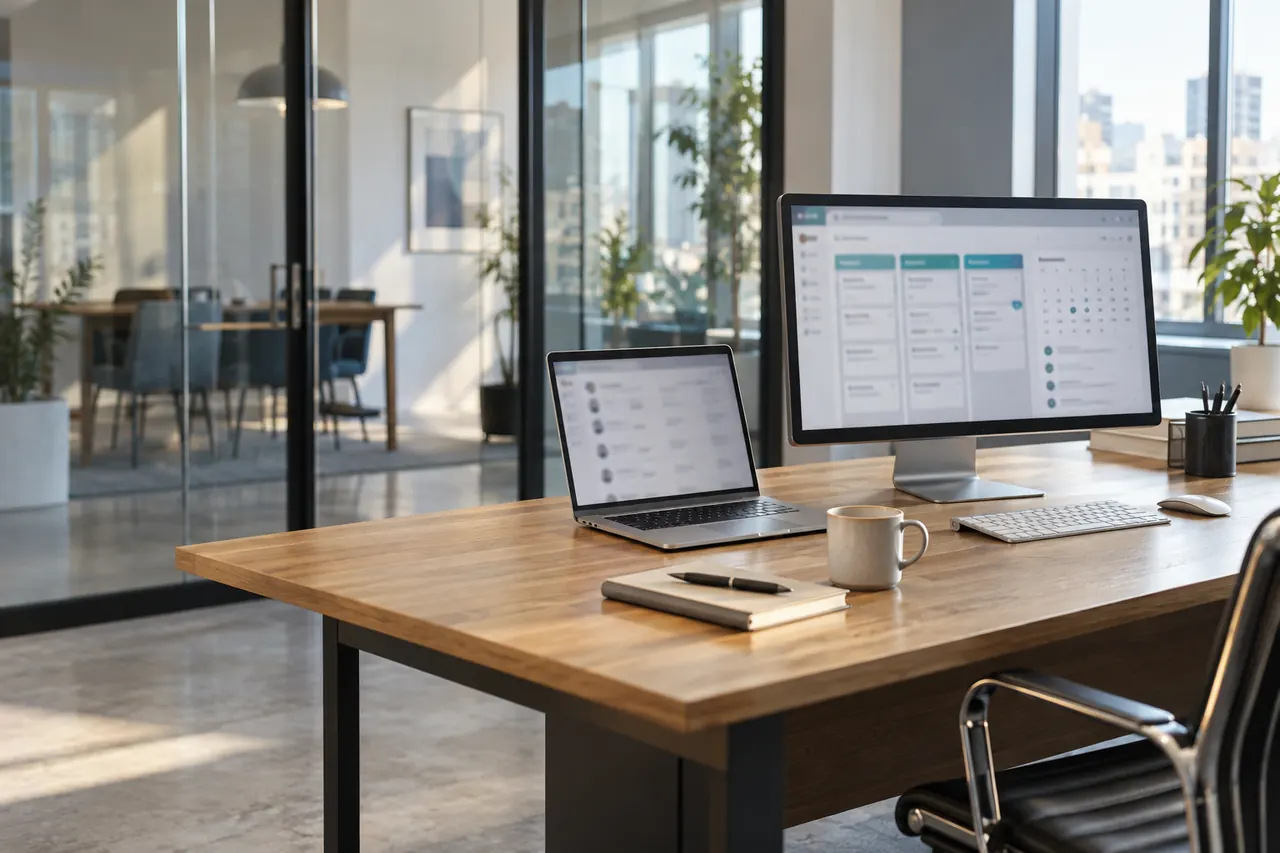 An office desk with a laptop and desktop monitor showing softly blurred calendar and contact layouts.