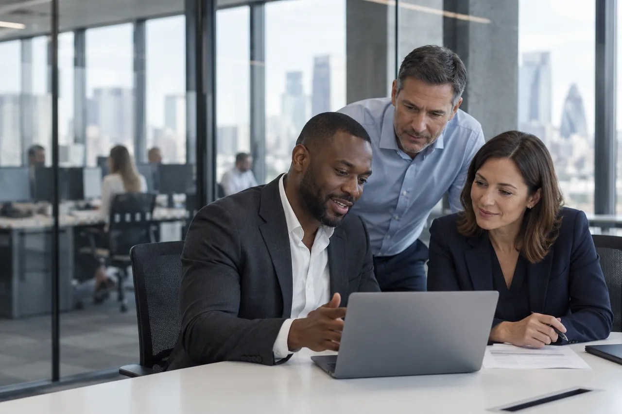 Three colleagues discussing work around a laptop at a meeting table.
