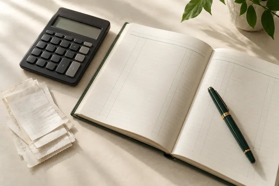Calculator, open ledger, receipts and a green pen on a light tabletop