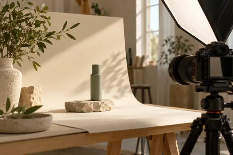 Camera and studio light set up to photograph a green bottle against a cream backdrop