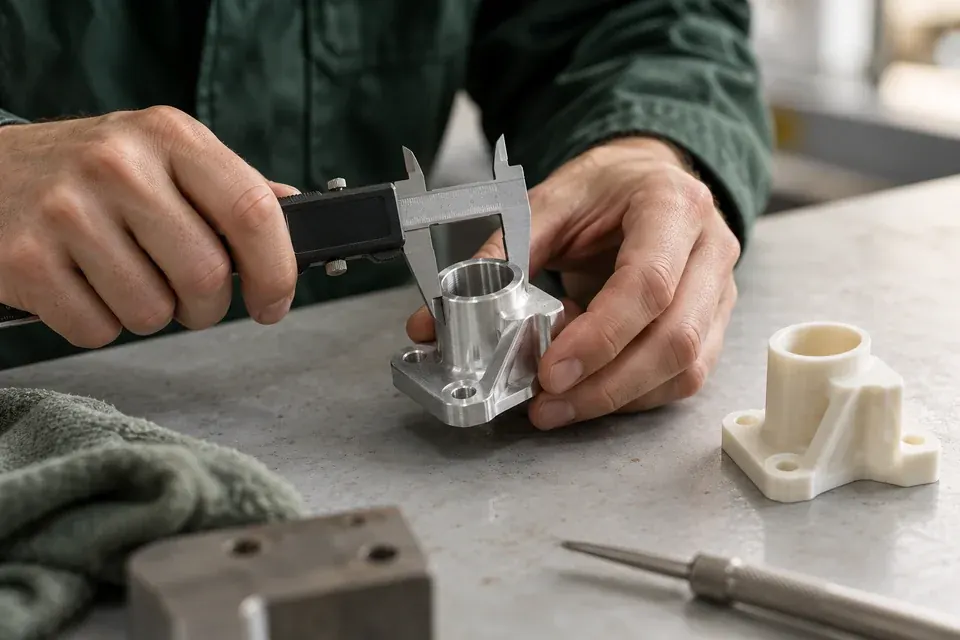 Hands measuring a machined metal component with calipers beside a pale prototype